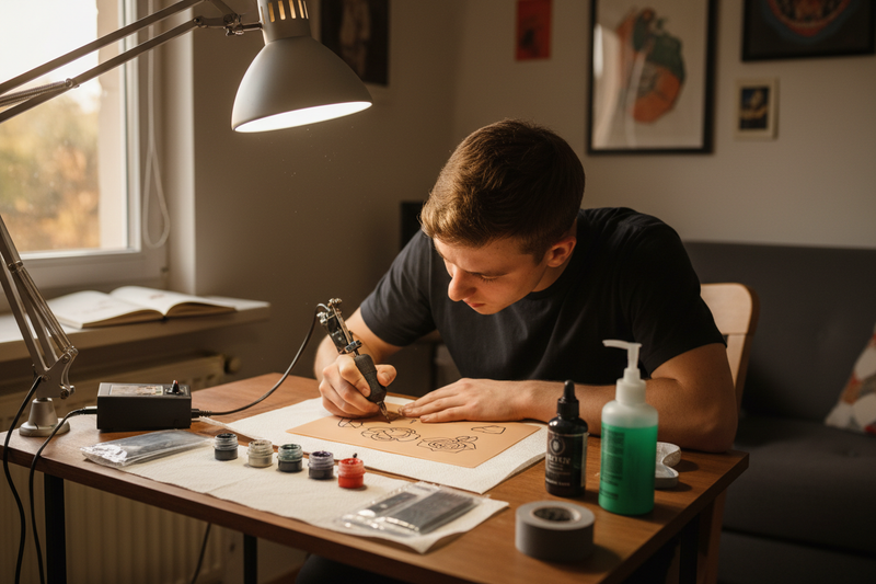 iemand die thuis tattoeert, een beginner